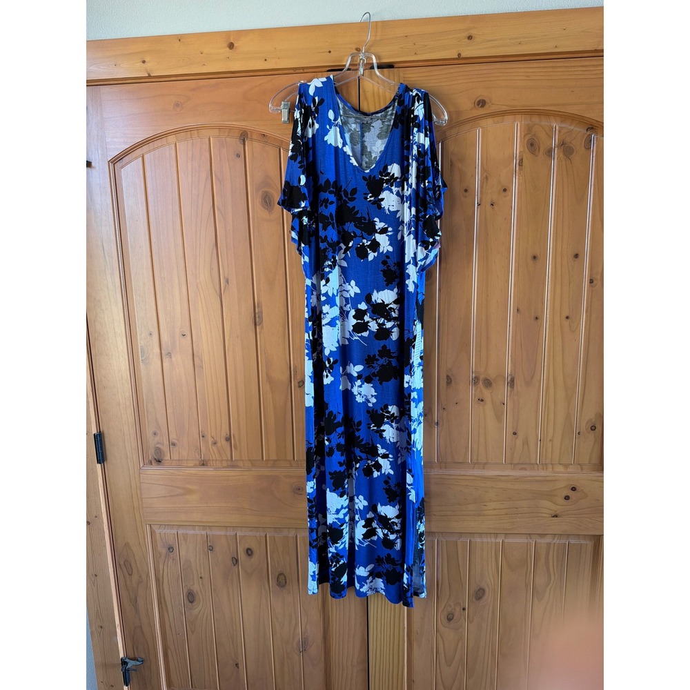 NWT Jessica London Blue Floral Cold Shoulder Maxi Dress 12W V-Neck Jersey Knit